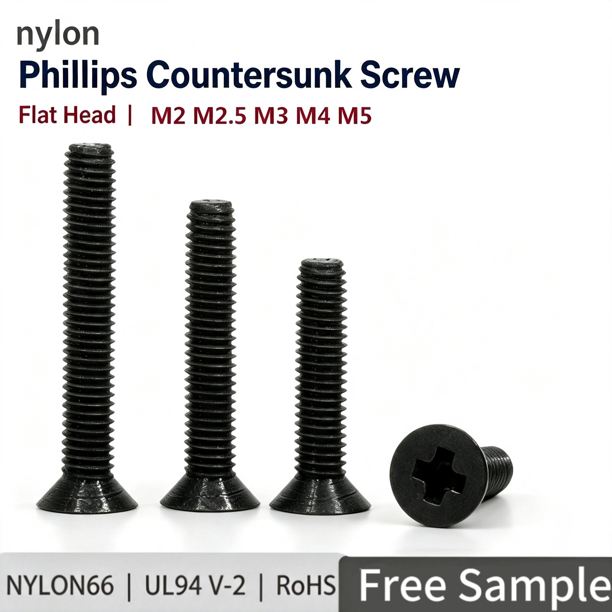 Black Nylon Phillips Countersunk Screw M2.5 M3 M4 M5 Flat Head CSK Industrial Panel Plastic Fastener PA66 GF30 UL94