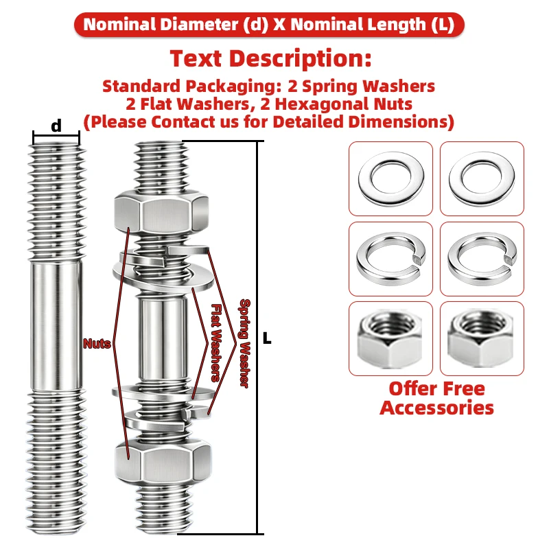 304 Stainless Steel A2-70 GB901 Double End Stud Bolt Set M6-M16 Threaded Rod Screw Nut Washer Kit Plain Finish Anti-Loosening